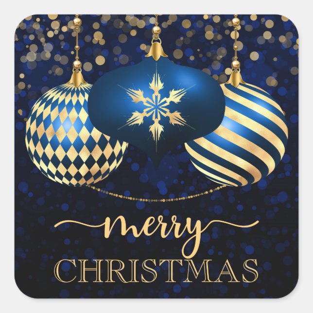 Elegant Royal Blue & Gold Baubles Frohe Weihnachte Quadratischer Aufkleber (Vorderseite)