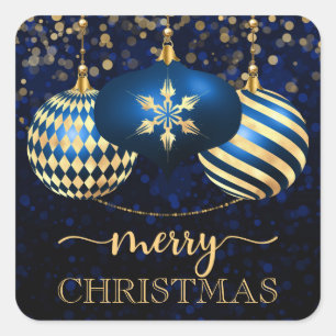 Elegant Royal Blue & Gold Baubles Frohe Weihnachte Quadratischer Aufkleber