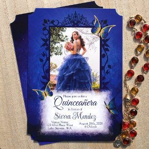 Elegant Royal Blue & Gold Butterflies Quinceanera Einladung