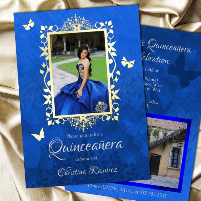Elegant Royal Blue, Gold Butterflies Quinceanera Folieneinladung (Elegant bright blue gold butterflies edge around invitation, gold foil butterfly ornate fancy)