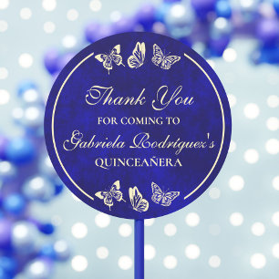 Elegant Royal Blue Gold Butterflies Quinceañera Runder Aufkleber