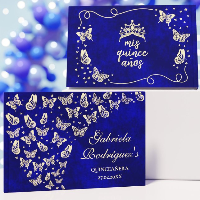 Elegant Royal Blue Gold Butterfly 15. Quinceañera Gästebuch (Elegant Royal Blue Gold Butterfly 15th Quinceañera Foil Guest Book)