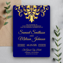 Elegant Royal Blue Gold Damask Einladung