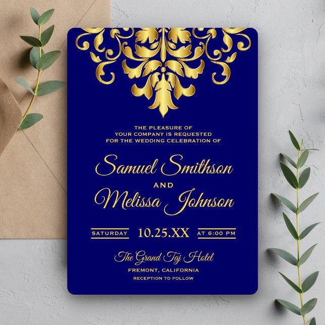 Elegant Royal Blue Gold Damask Einladung (Von Creator hochgeladen)
