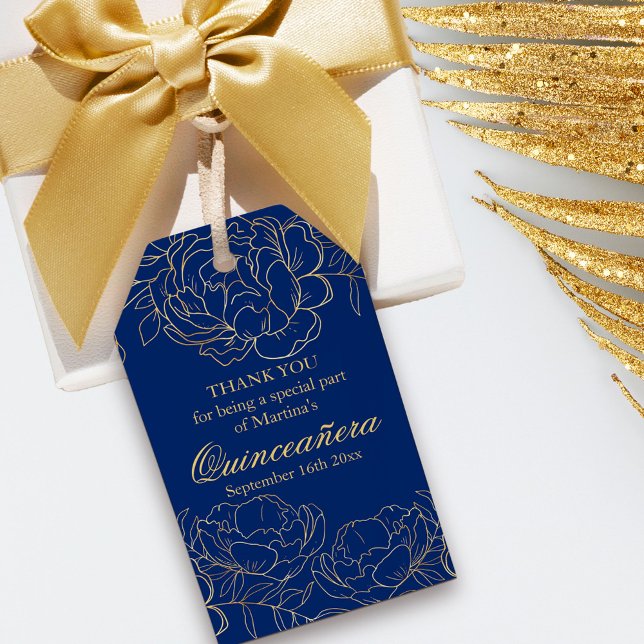 Elegant Royal Blue Gold Floral Sketch Quinceanera Geschenkanhänger (Blue and Gold Quinceanera Gift Tag from my Gold Sketched Floral collection)