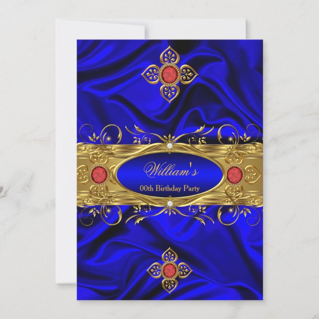 Elegant Royal Blue Gold Red Gems Silk Birthday Einladung (Vorderseite)