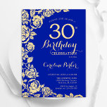 Elegant Royal Blue Gold Rose 30. Geburtstag Einladung<br><div class="desc">Royal Blue Gold Floral 30. Geburtstag Party Einladung. Elegantes Design mit Rose,  Imitaten Goldfolie und Typografie Script Schriftart. Die trendige Einladungskarte eignet sich perfekt für eine stilvolle Damenfeier. Kann für jedes Alter angepasst werden. Gedruckte Zazzle-Einladungen oder Sofortdownload digitaler Druckvorlage.</div>