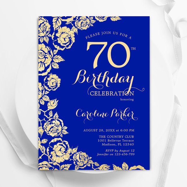 Elegant Royal Blue Gold Rose 70. Geburtstag Einladung (Von Creator hochgeladen)