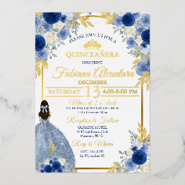 Elegant Royal Blue & Gold Rose Quinceañera Folieneinladung