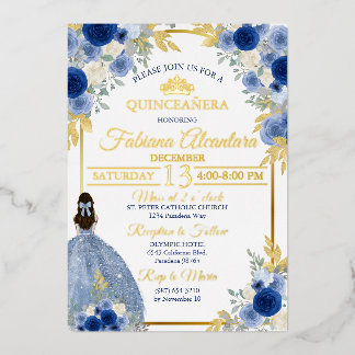 Elegant Royal Blue & Gold Rose Quinceañera Folieneinladung