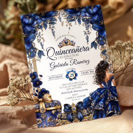 Elegant Royal Blue Golden Tiara Quinceañera Einladung