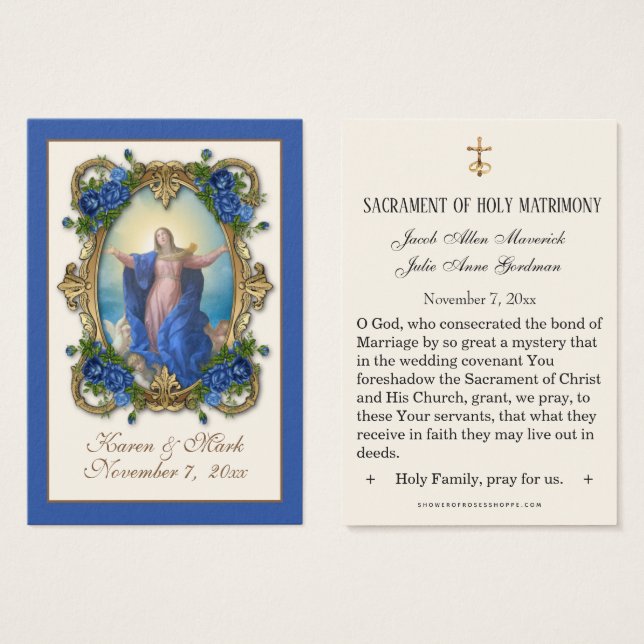 Elegant Royal Blue Jungfrau Mary Wedding Holy Card (Vorne & Hinten)