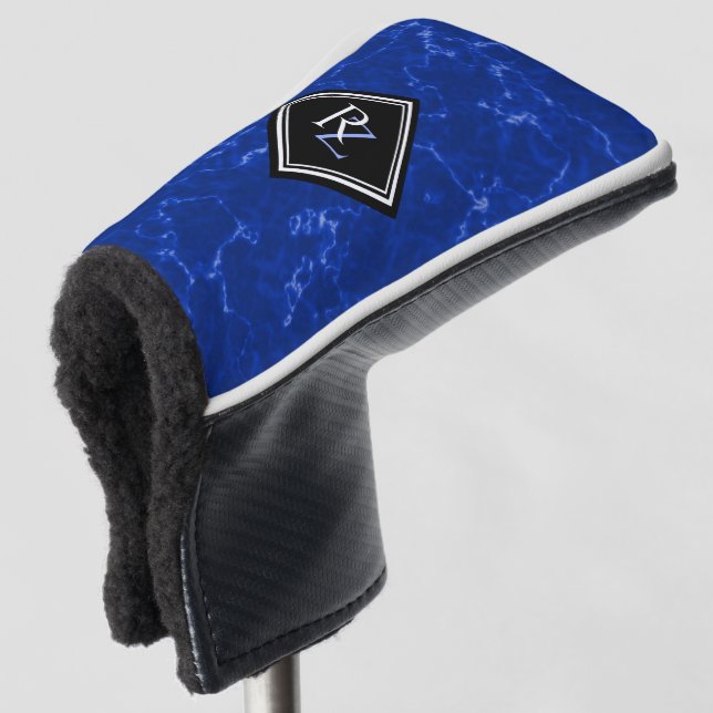 Elegant Royal Blue Marble Black Diamond Monogram Golf Headcover (3/4 Vorderseite)