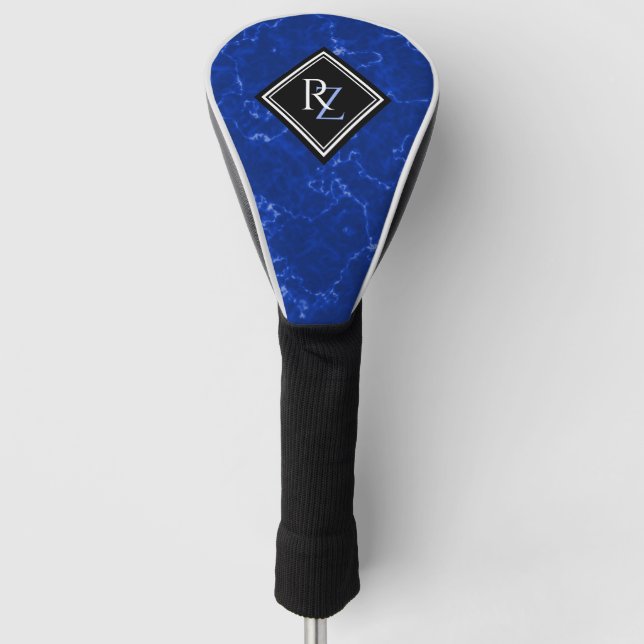 Elegant Royal Blue Marble Black Diamond Monogram Golf Headcover (Vorderseite)