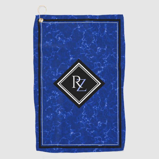 Elegant Royal Blue Marble Black Diamond Monogram Golfhandtuch (Vorderseite)