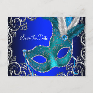 Elegant Royal Blue Masquerade Save the Date Ankündigungspostkarte