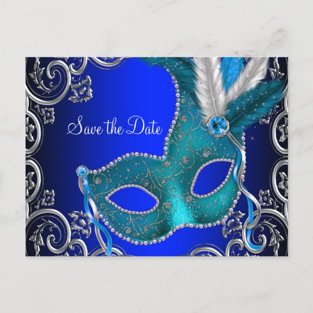 Elegant Royal Blue Masquerade Save the Date Ankündigungspostkarte (Vorderseite)
