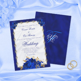 Elegant Royal Blue Monogram Rose Formal Wedding Einladung