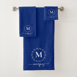 Elegant Royal Blue Personalisiert Wreath Monogram Badhandtuch Set