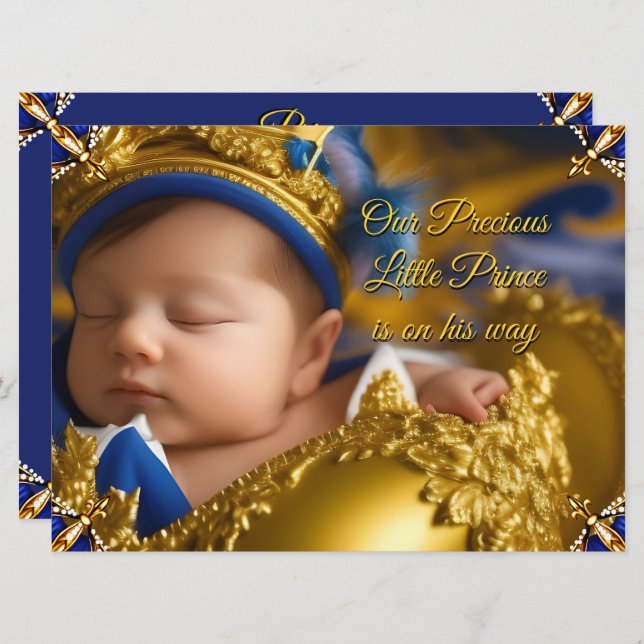 Elegant Royal Blue Prince Boy Baby Shower Gold Einladung (Vorne/Hinten)