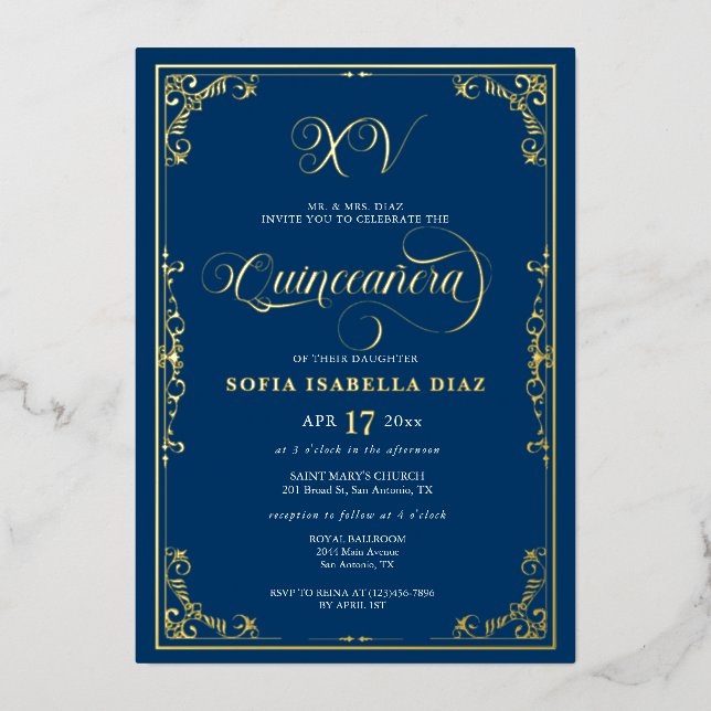 Elegant Royal Blue Quinceañera Gold oder Silber Folieneinladung (Vorderseite)