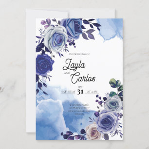 Elegant Royal Blue Rose Extravagant QR Code Weddin Einladung