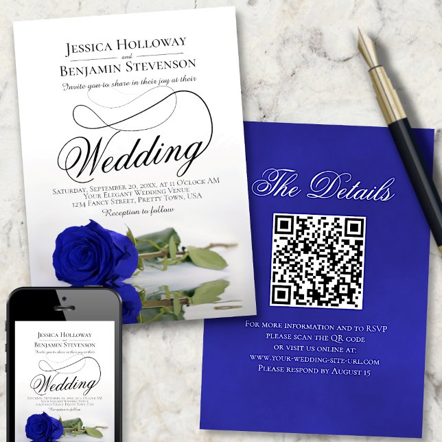 Elegant Royal Blue Rose Extravagant QR Code Weddin Einladung (Von Creator hochgeladen)
