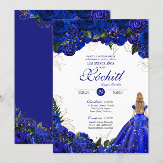 Elegant Royal Blue Rose Floral Quinceñera Einladung