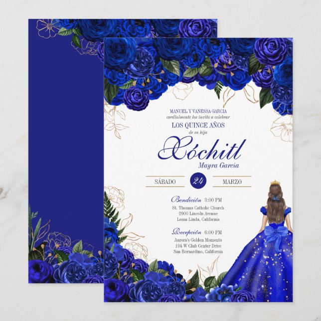 Elegant Royal Blue Rose Floral Quinceñera Invita Einladung (Vorne/Hinten)