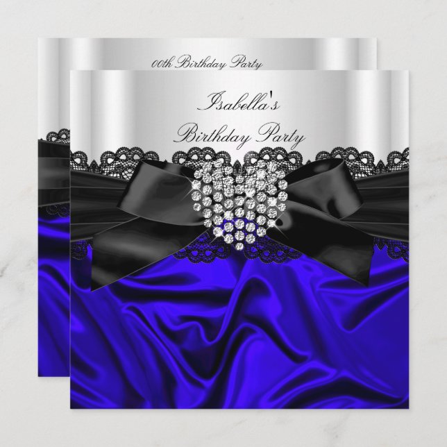Elegant Royal Blue Schwarz-weiß Diamond Geburtstag Einladung (Vorne/Hinten)