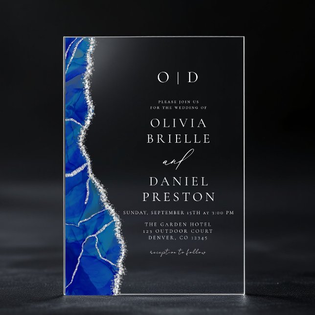 Elegant Royal Blue Silver Agate Wedding Monogram Acryleinladungen (Von Creator hochgeladen)
