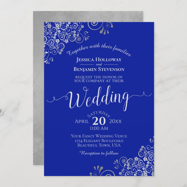 Elegant Royal Blue & Silver Calligraphy Wedding Einladung (Vorne/Hinten)