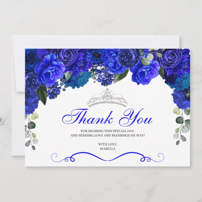 Elegant Royal Blue Silver Floral Quinceanera Dankeskarte (Vorderseite)