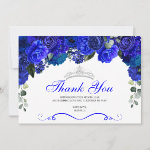 Elegant Royal Blue Silver Floral Quinceanera Dankeskarte