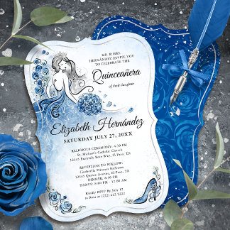 Elegant Royal Blue Silver Princess Quince Birthday Einladung