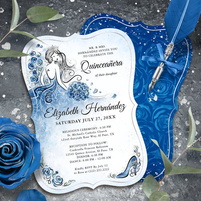 Elegant Royal Blue Silver Princess Quince Birthday Einladung (Royal blue and silver princess invitations to bring a touch of fairy tale magic to your quince.)