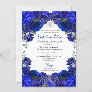Elegant Royal Blue Silver Quinceanera Birthday Inv Einladung