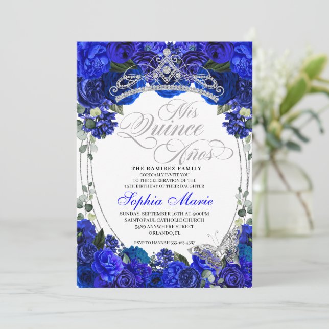 Elegant Royal Blue Silver Quinceanera Geburtstag Einladung (Stehend Vorderseite)