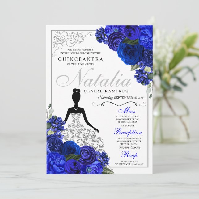 Elegant Royal Blue Silver Quinceanera Geburtstag Einladung (Stehend Vorderseite)