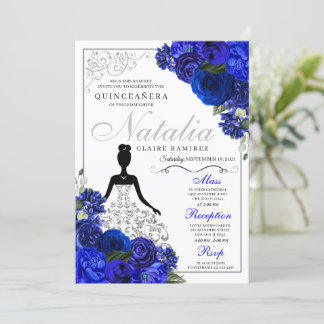 Elegant Royal Blue Silver Quinceanera Geburtstag Einladung
