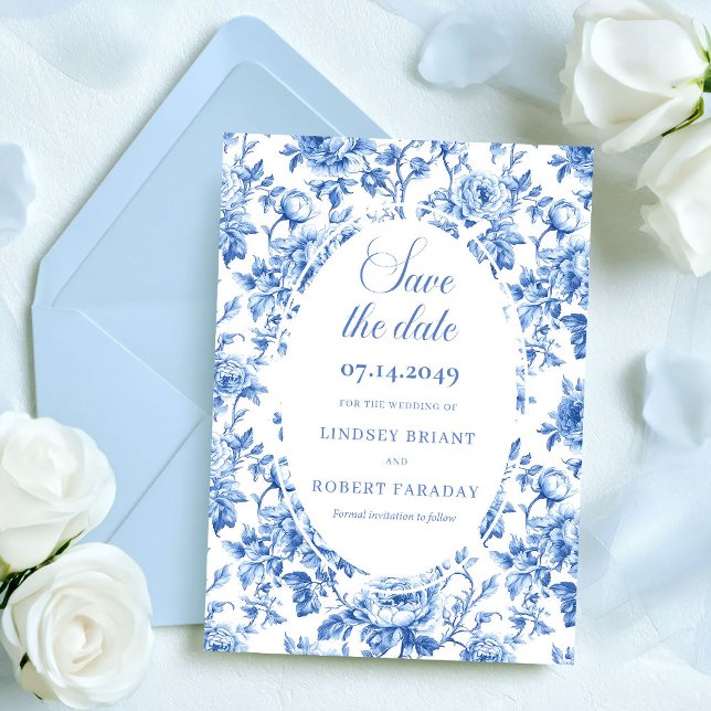 Elegant Royal Blue Toile Save the Date Wedding Car Ankündigung (Elegant Royal Blue Toile Save the Date Wedding Card)
