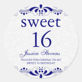 Elegant Royal-Blue Tones Floral Lace White Damasku Runder Aufkleber