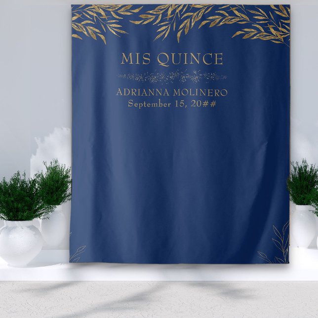 Elegant Royal Blue und Gold Leaf Mis Quince Wandteppich (Royal Blue Party Backdrop from my Gold Leaf Quinceanera Collection)
