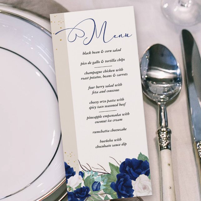 Elegant Royal Blue und Ivory Rose Blumen Menükarte (Menu with royal blue and ivory roses and elegant calligraphy)