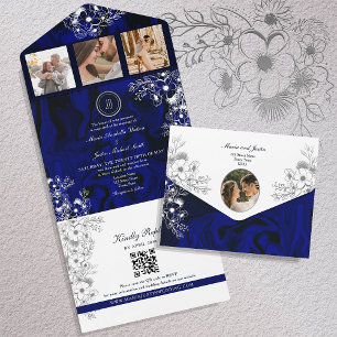 Elegant Royal Blue Wedding All In One Einladung