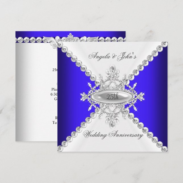 Elegant Royal Blue White 25. Hochzeitstag Einladung (Vorne/Hinten)