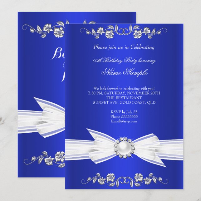 Elegant Royal Blue White Pearl Jewel Bow Geburtsta Einladung (Vorne/Hinten)
