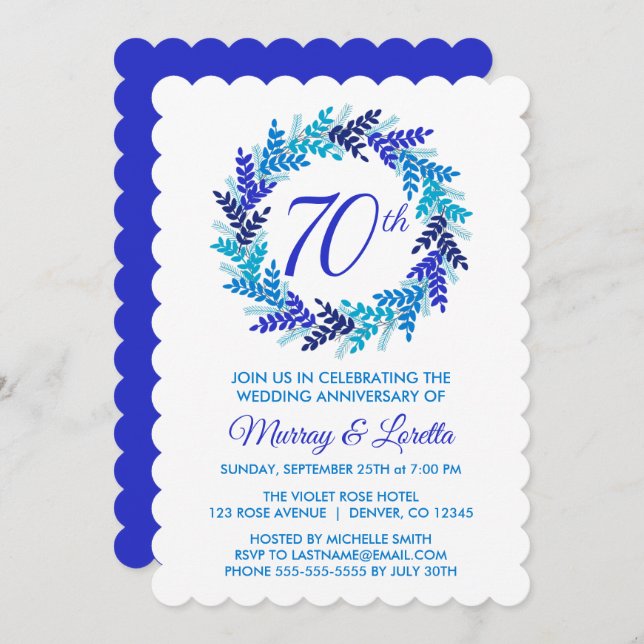 Elegant Royal Blue Wreath 70. Hochzeitstag Einladung (Vorne/Hinten)