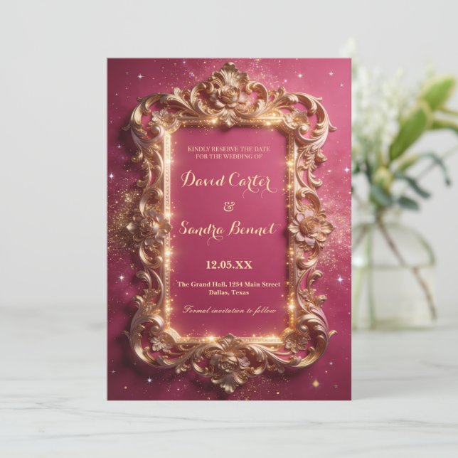 Elegant Royal Gold & Pink Modern Wedding  Save The Date (Stehend Vorderseite)