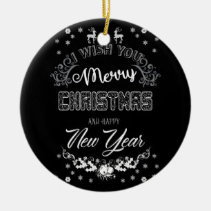 Elegant Royal Schwarz-weiß Merry Christmas Ornamen Keramik Ornament
